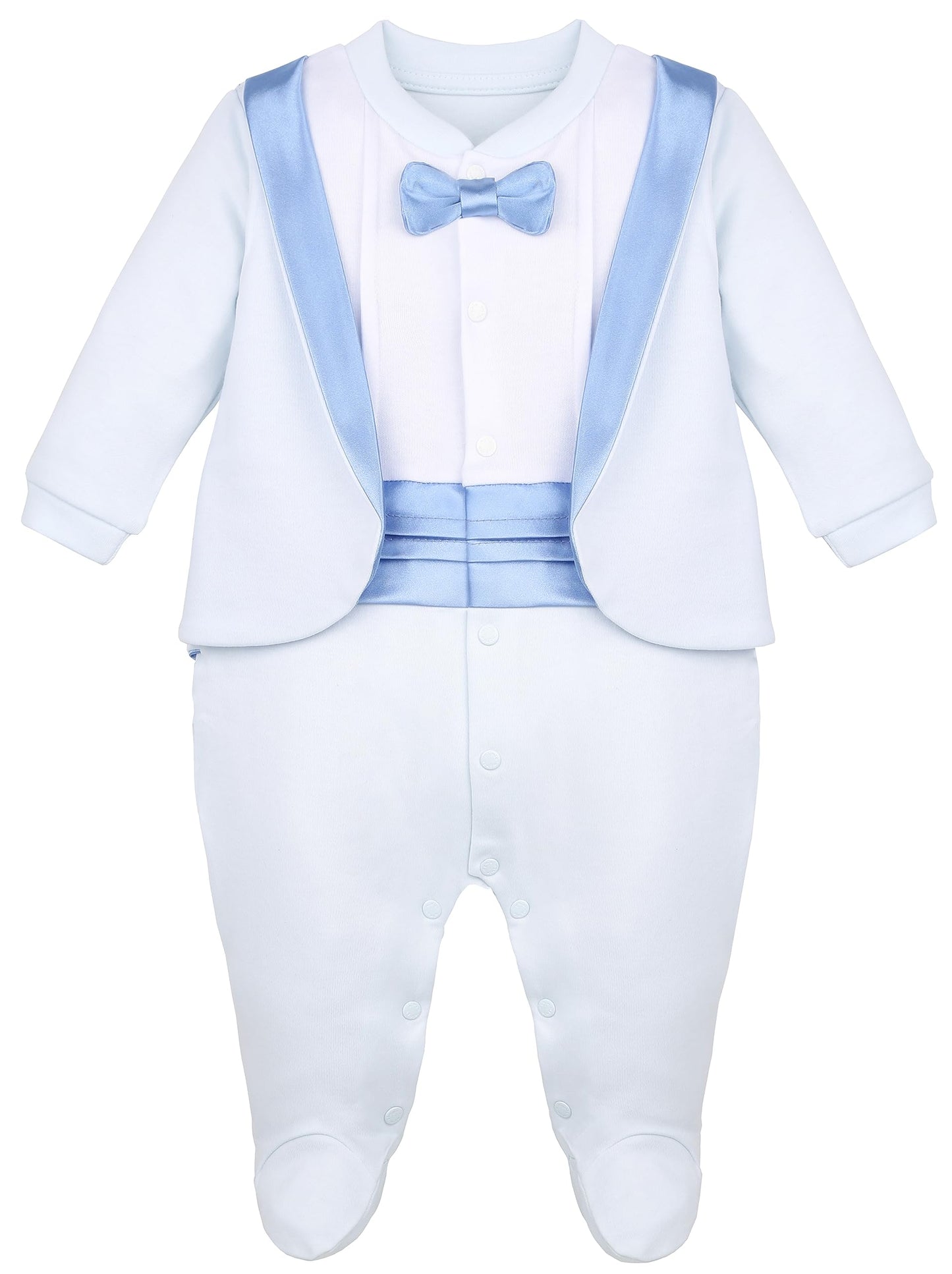 Lilax Baby Boy Gentleman Tuxedo Footie Christmas Holiday Outfit With Bow Tie (3 Months, Blue)