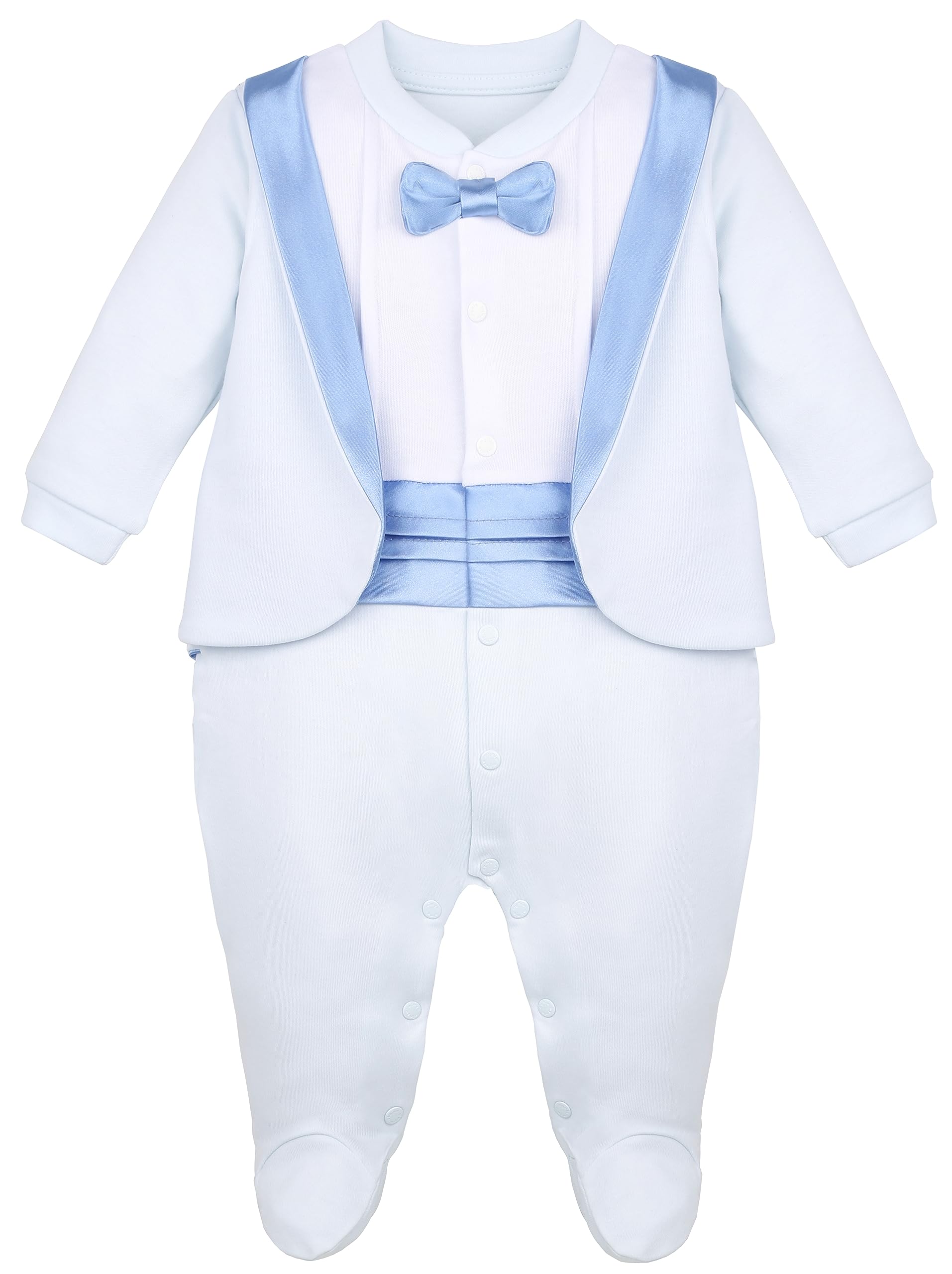 Lilax Baby Boy Gentleman Tuxedo Footie Christmas Holiday Outfit With Bow Tie (3 Months, Blue)