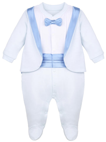 Lilax Baby Boy Gentleman Tuxedo Footie Christmas Holiday Outfit With Bow Tie (3 Months, Blue)