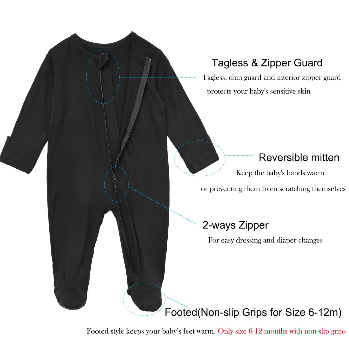 Aablexema Baby Footie Pajamas Zipper - Rayon From Bamboo Infant Footed Pjs With Mittens Sleepwear Jammies(White & Black,6-12M)