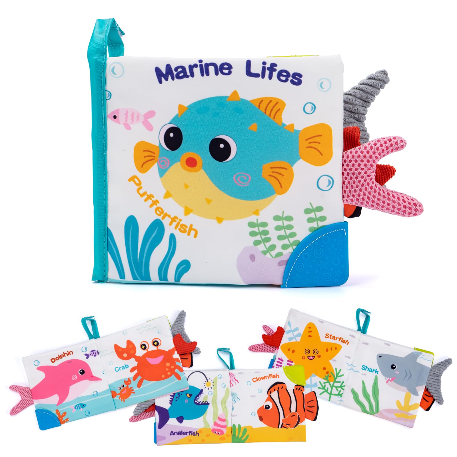 Love&Mini Baby Cloth Book Toys - Ocean Shark Crinkle Book with Teether, Touch & Feel Soft Books for Babies 6+ Months, Sensory Ea