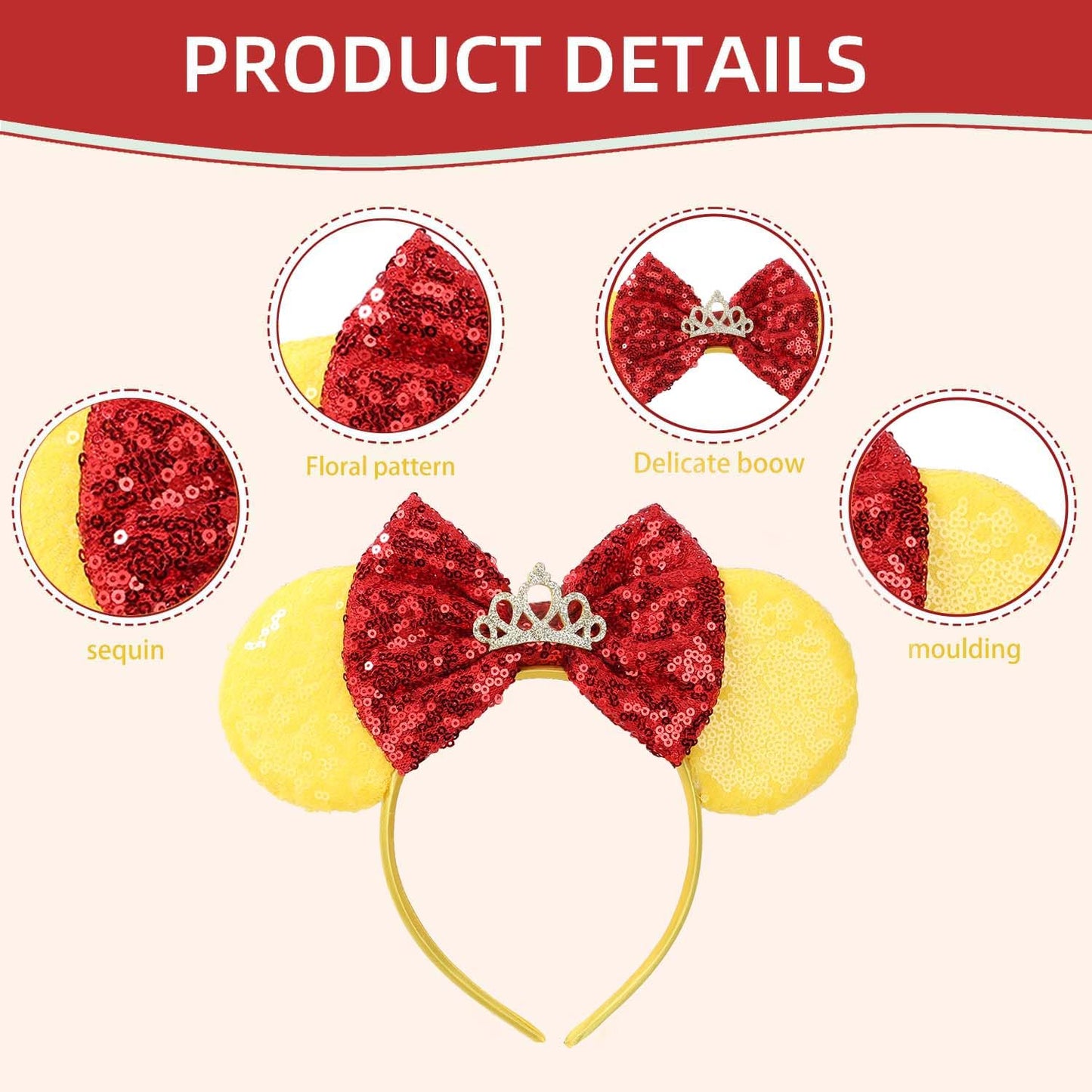 Razko Sparkle Minnie Ears Headband - Yellow-Red Bow - One Size Fits All - Hairband Or Minnie Ears Headband For Party, Disney Tri