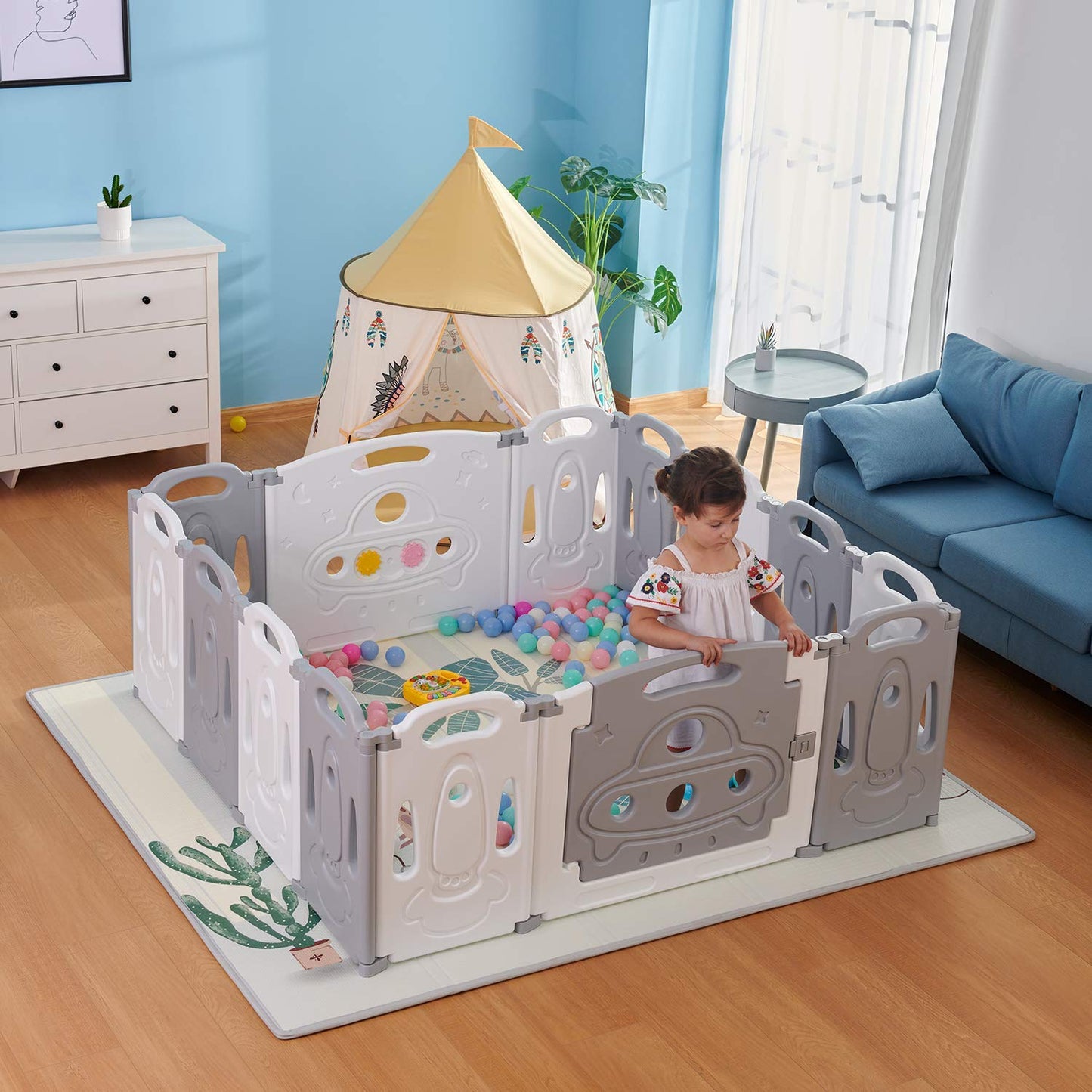 Foldable Baby playpen Baby Folding Play Pen Kids Activity Centre Safety Play Yard Home Indoor Outdoor New Pen (Gery)