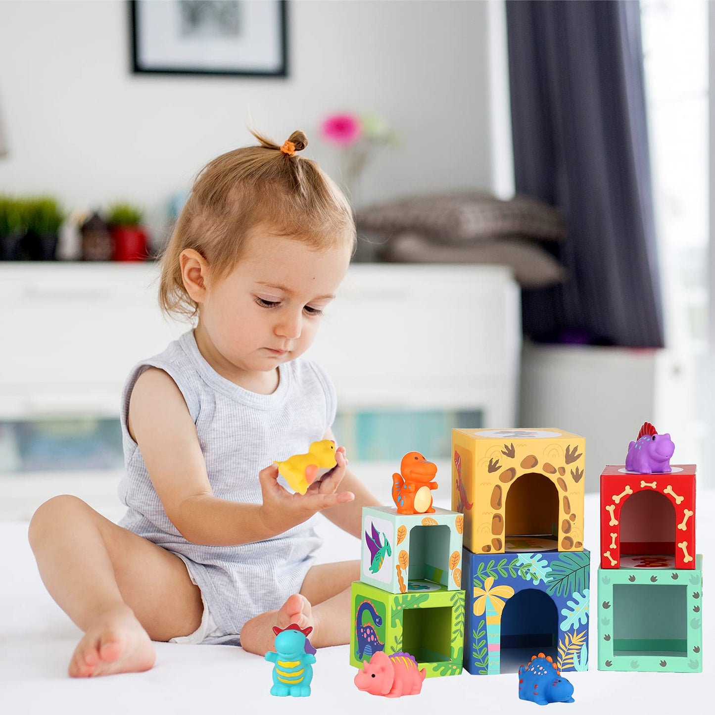 KMTJT Toddlers and Babies Dinosaur Sorting and Stacking Toys Blocks for 1-3 Kids Preschool Learning, Numbers Nesting Boxes Monte