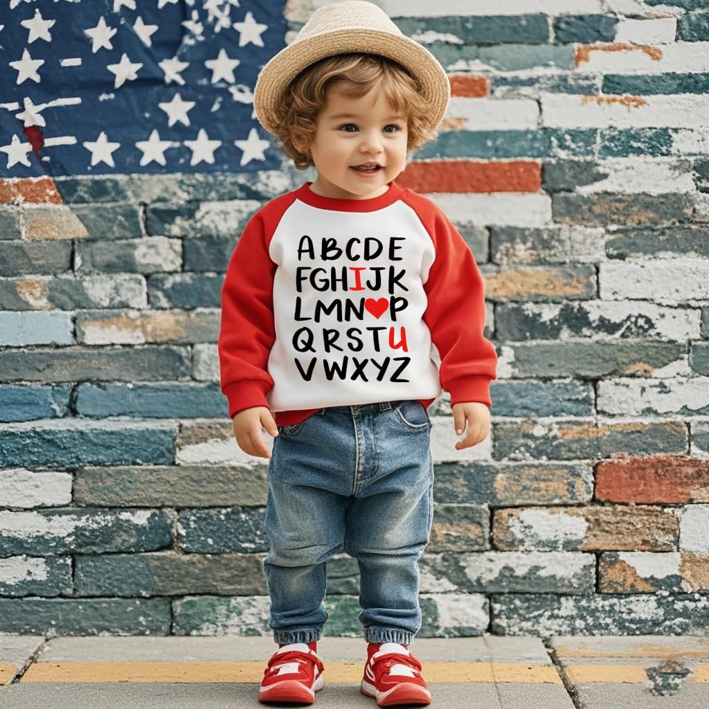 Aqylxlhh Kids Valentines Day Sweatshirt Toddler Boy 7T Abc I Love U Heart Graphic Shirt Little Girls Long Sleeve Red Outfit Tops