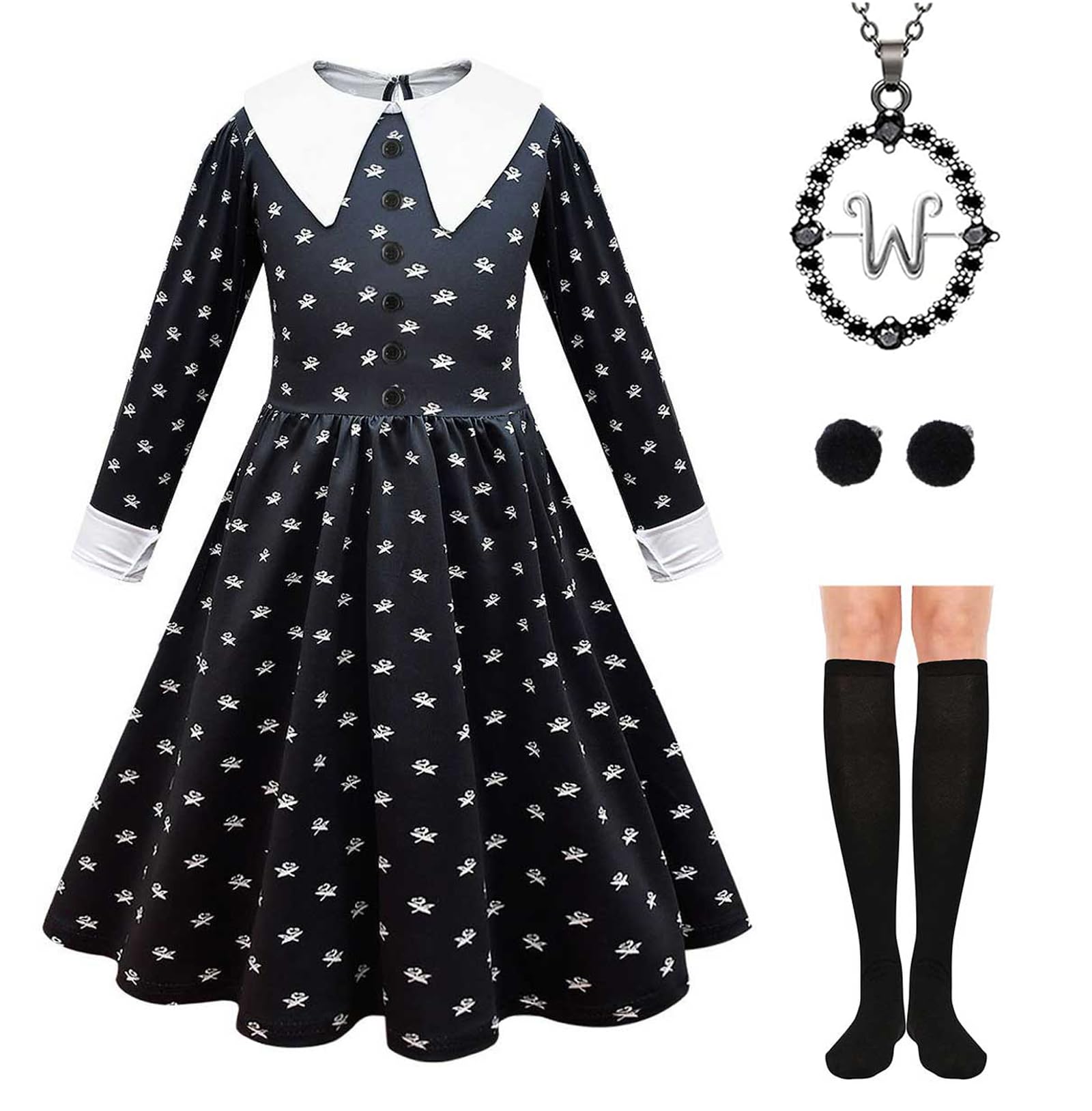 Yuegoo Black Costume Dress For Girls Halloween Costumes Cosplay Party Dress With Accessories 3-12Y (Black+White, 11-12 Years)
