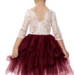2Bunnies Girl Peony Lace Back A-Line Tiered Tutu Tulle Flower Girl Dress (Burgundy Sleeve Short, 3T)