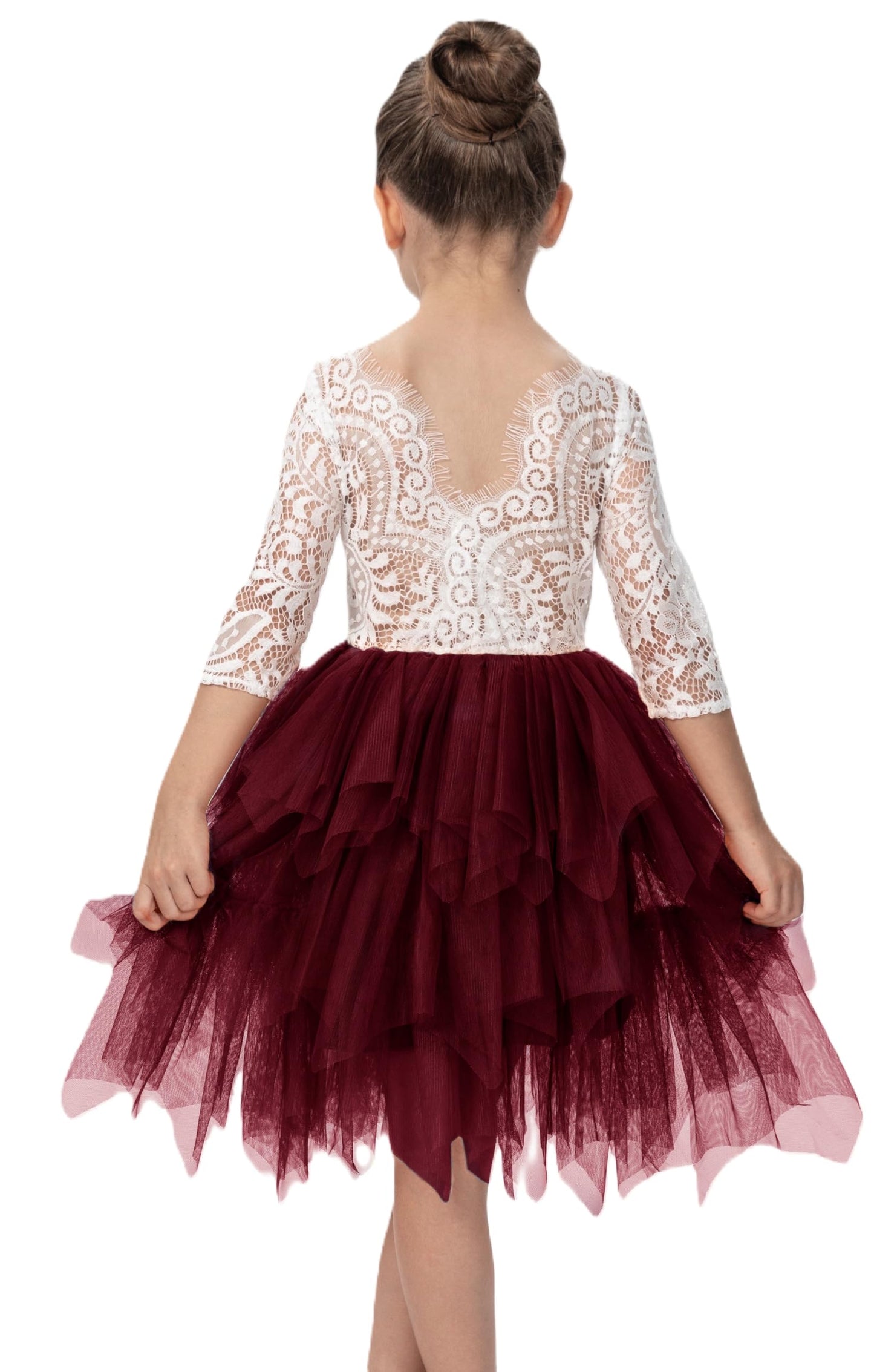 2Bunnies Girl Peony Lace Back A-Line Tiered Tutu Tulle Flower Girl Dress (Burgundy Sleeve Short, 3T)