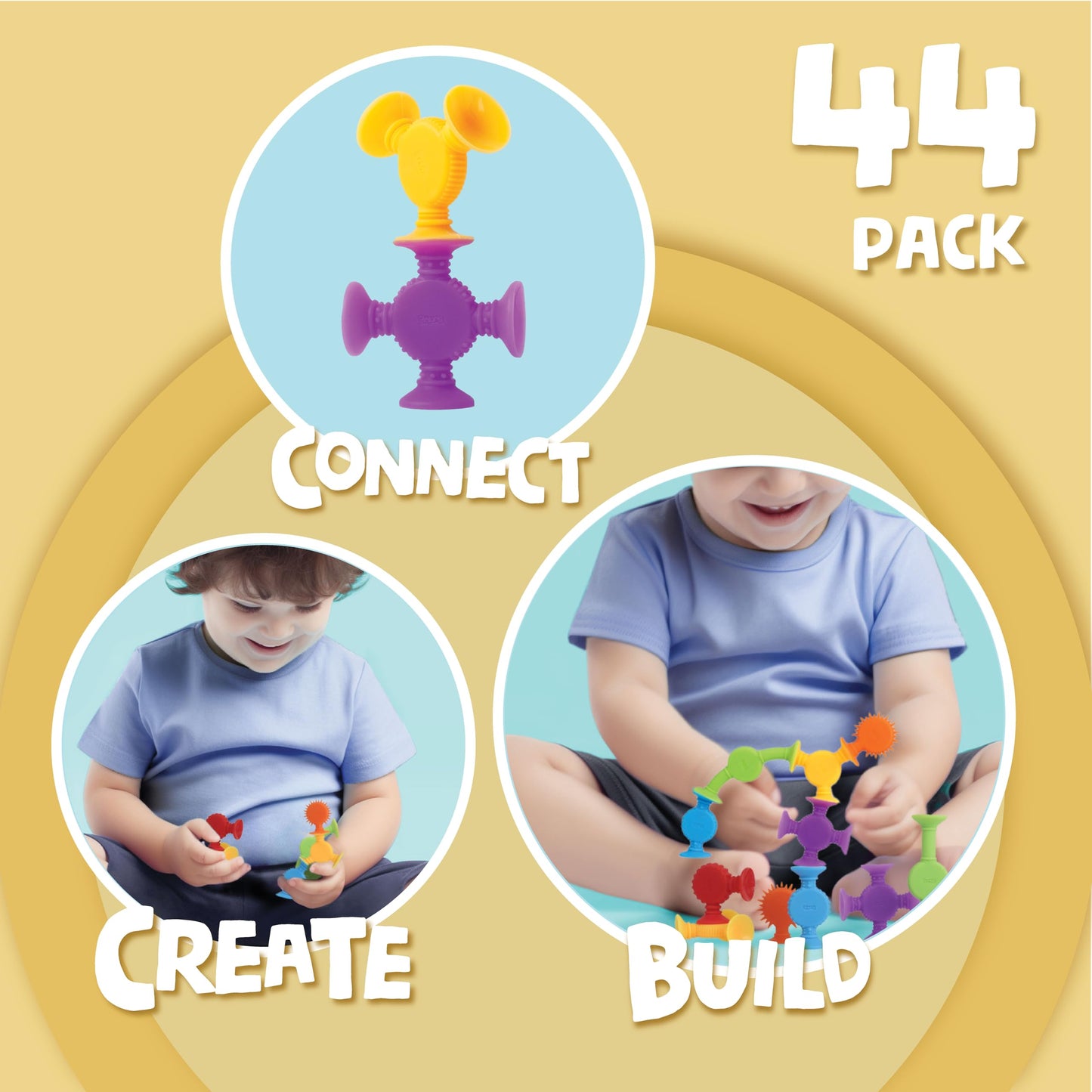 BUNMO Textured Suction Bath Toys 44pcs | Connect, Build, Create | No Mold Bath Toy | Fine Motor Skills | Stimulating & Addictive