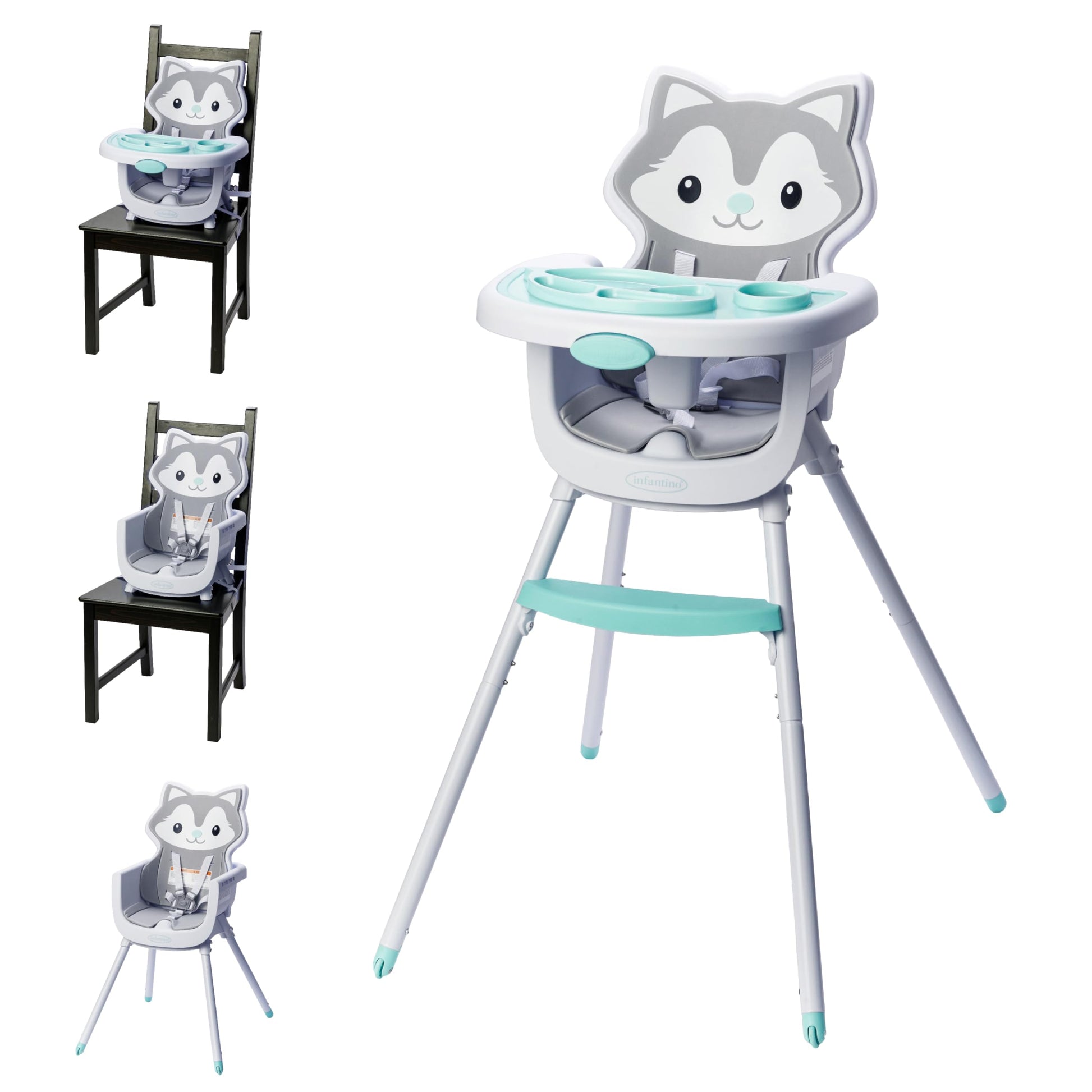 Infantino Grow-with-Me 4-in-1 Convertible High Chair, Husky-Theme, Space-Saving Design, Booster and Toddler Chair, for Infants &