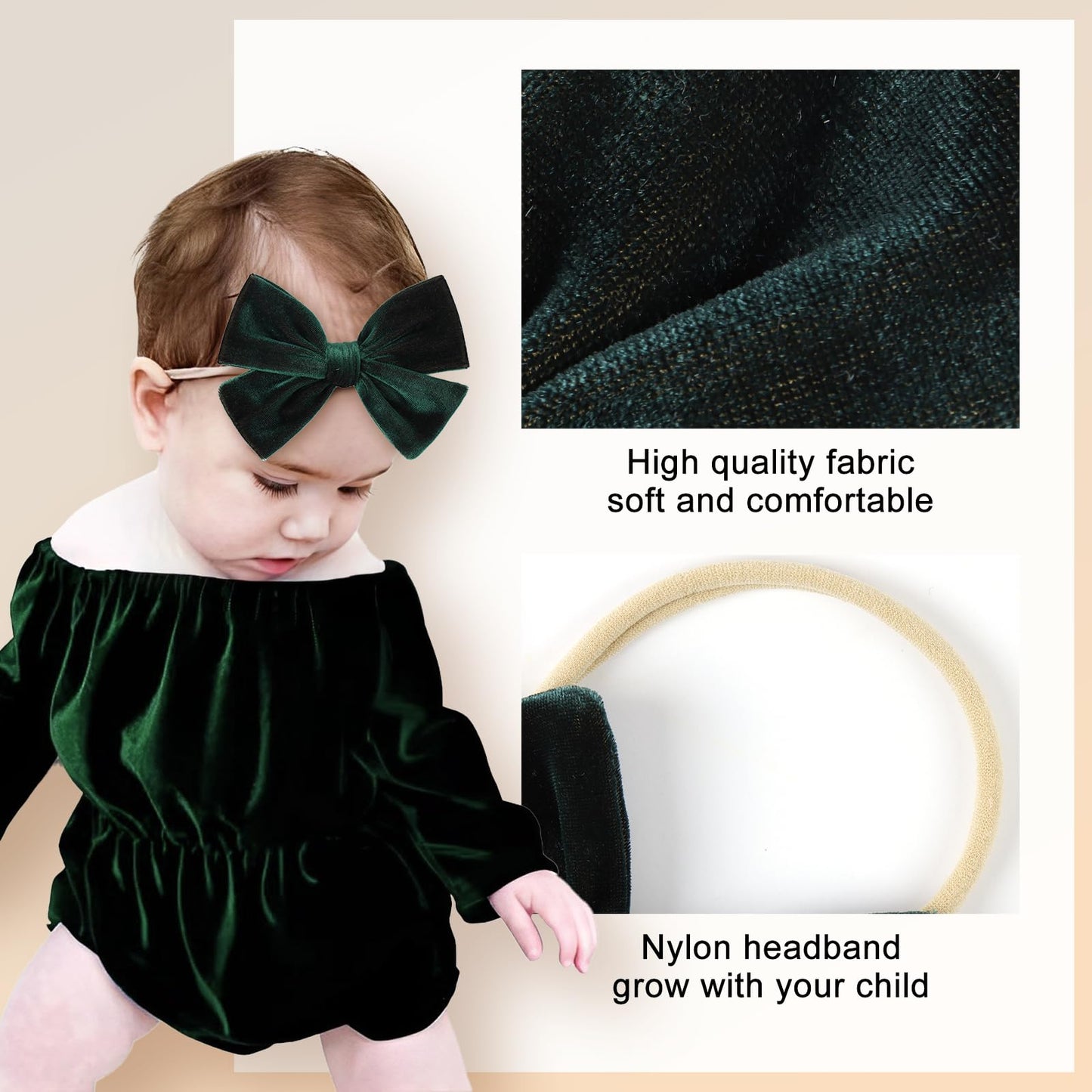 Oneninedream Baby Girls 4' Velvet Hairband Handmade Tied Bow Elastic Nylon Hair Accessories, 3 Pcs Red, Green, Dark Green