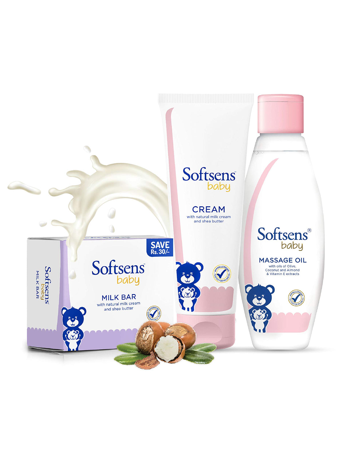 Softsens Baby Skin Hydrating Essential Kit  Milk Bar Soap(100Gx3), Natural Cream(100G) & Massage Oil (200Ml)