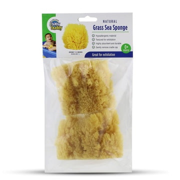Baby Buddy Natural Grass Sea Sponge, Body Sponge Textured For Exfoliation, Works For Cradle Cap, Yellow, 4In, 2 Count