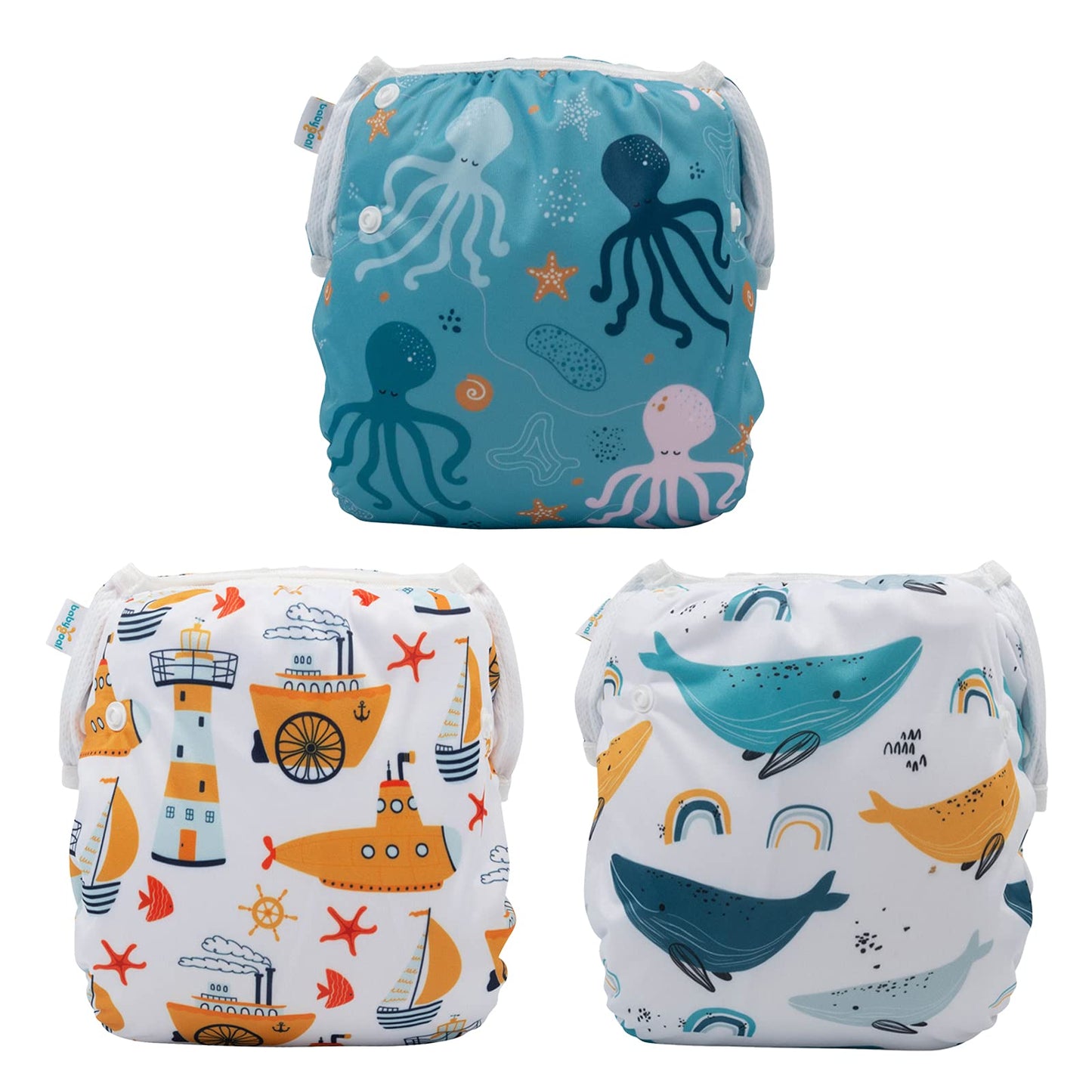 Babygoal Baby Swim Diapers 3 Pack For 0-8 Months Infant Girls And Boys, Reusable Adjustable Washable For Swimming Lessons-Shark