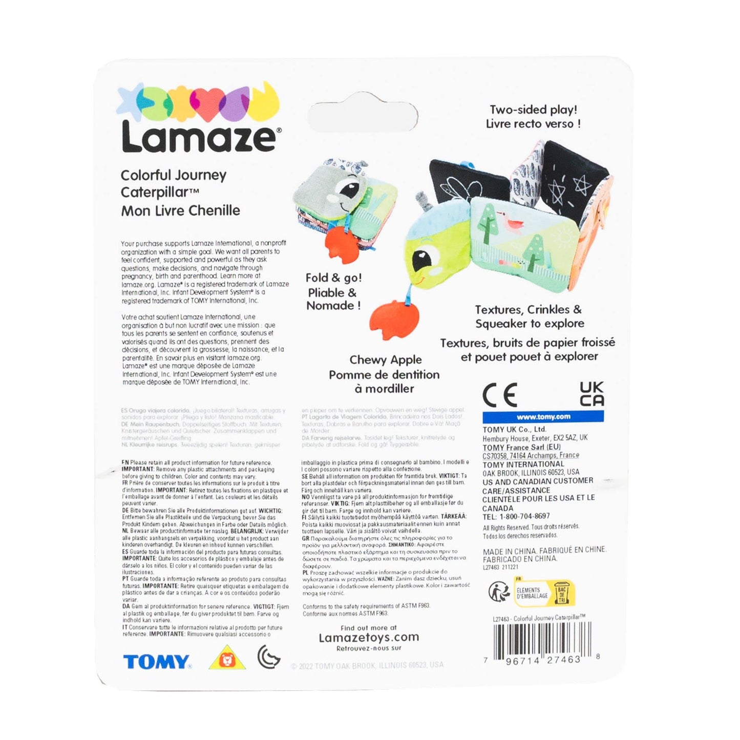 Lamaze Colorful Journey Caterpillar High Contrast Baby Book - Soft Fabric Baby Sensory Books - Includes Chewy Apple for Teething