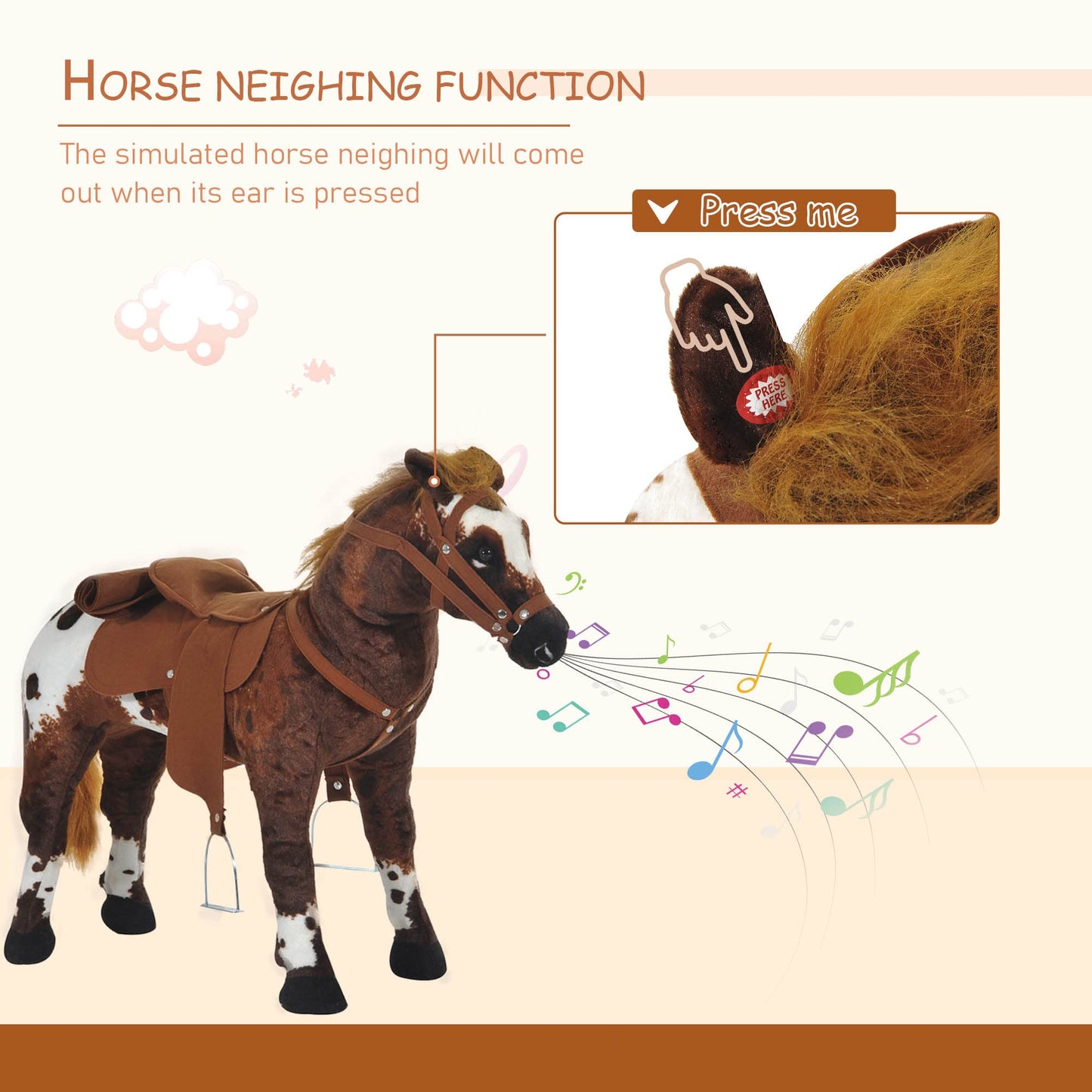 Qaba Sound-Making Ride On Horse for Toddlers 3-5, with Neighing and Galloping Sound, Stuffed Animal Horse Toy for Kids with Padd