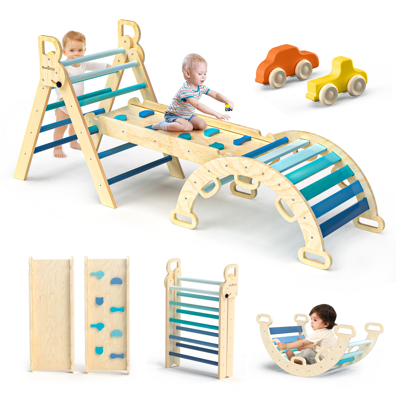 Bluewood Pikler Triangle Set 7In1 Foldable Baby Climbing Toys Wooden Montessori Climbing Set With Arch&Ramp&Ladder Baby Climber