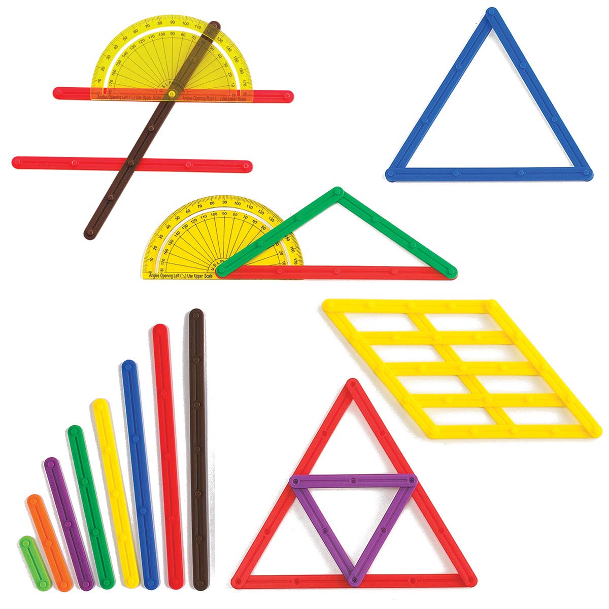 LEARNING ADVANTAGE GeoStix Basic Set - 80 Construction Sticks - 24 Activity Cards - 2 Protractors - Build 2D Shapes and Measure 