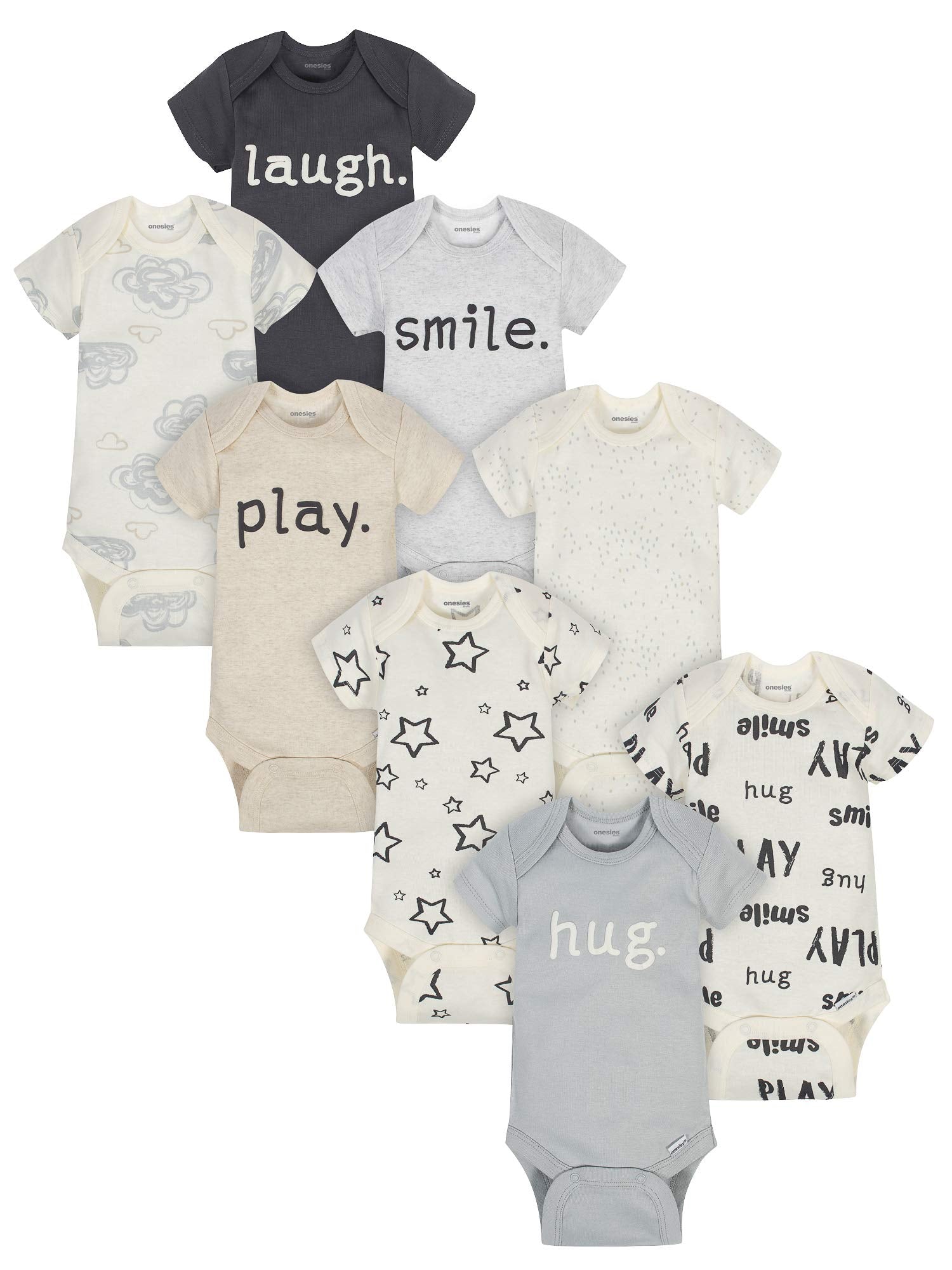 Onesies Brand Baby 8-Pack Short Sleeve Mix & Match Bodysuits, Play Smile & Hug Neutrals, 12 Months