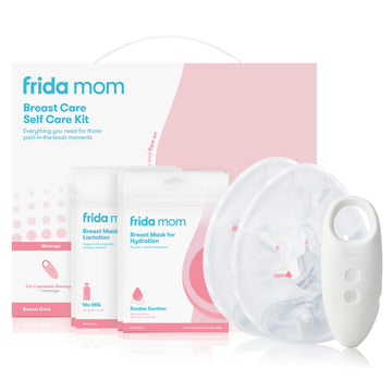 Frida Mom Breastfeeding Essentials Kit, Heat Pads, 2-In-1 Lactation Massager, Hydration Mask, 9Pc Set