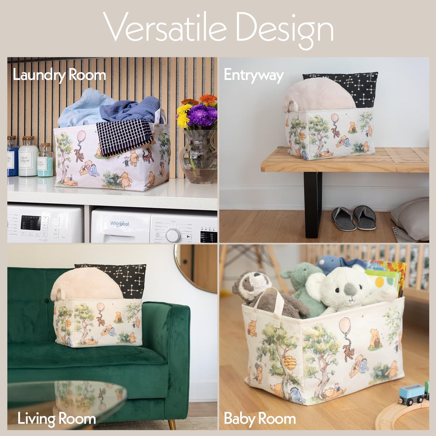 Sweet Baby Co. Classic Winnie Pooh Storage Nursery Basket With Hard Bottom Large Square Canvas Cotton Laundry Hamper Bin Waterpr