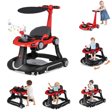 HONEY JOY Baby Walker, 7-in-1 Foldable Baby Bouncer and Rocker Combo, Infant Activity Center w/Canopy, Wheels, Adjustable Height