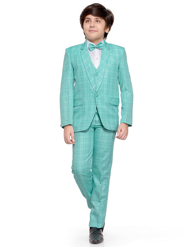Jeetethnics Boys Turquoise Checked Coat Suit Set With Waistcoat Shirt And Trousers (9089)
