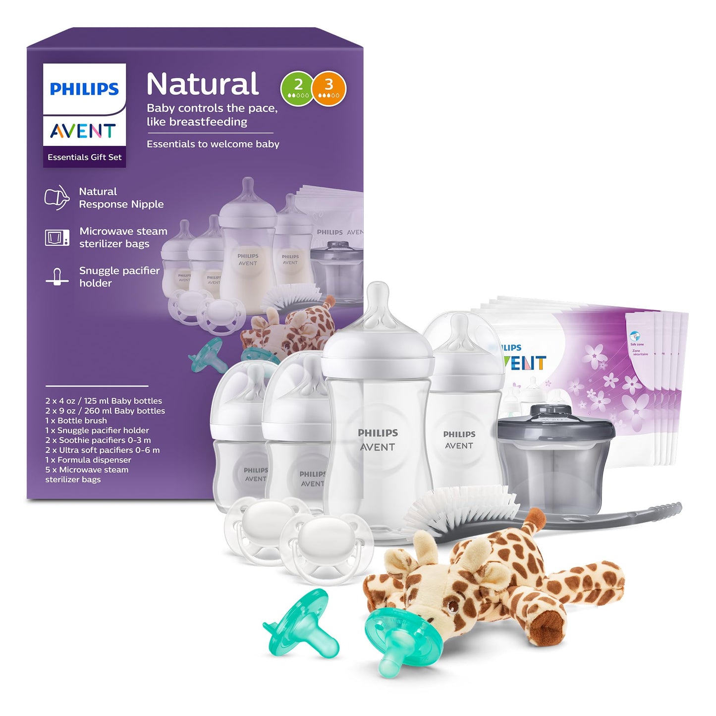Philips Avent Natural All-in-One Baby Gift Set, Bottles with Natural Response Nipples, 2X Each: 4oz (Slow Flow Rate 2) and 9oz (