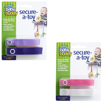 Baby Buddy Secure-A-Toy, Adjustable Pacifier And Teether Strap For Stroller, Highchair, And Car Seat, Purple Lilac Pink White, 4