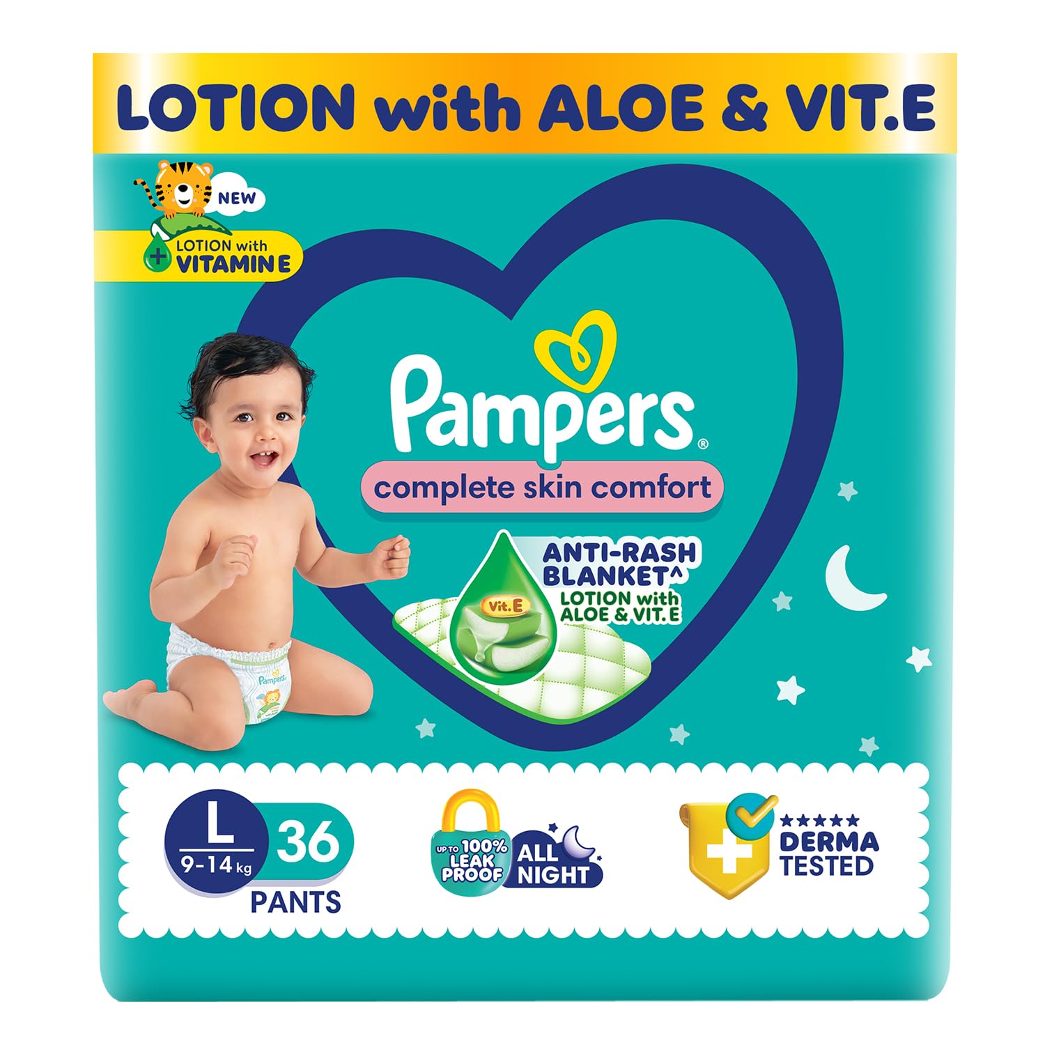 Pampers Complete Skin Comfort Pants, (L) 36 Count AntiRash Blanket, Lotion With Vitamin E & Aloe Vera, Large Size Baby Diapers,