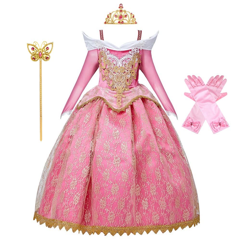 Myrisam Girls Fancy Princess Sleeping Beauty Lace Dress Halloween Costume Birthday Cosplay Party Dress Up Outfit W/Accessories 7