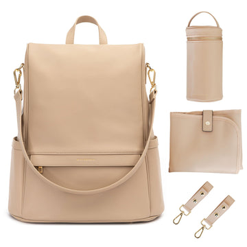 Mia + Sophia Leather Diaper Bag Backpack With Usb Charging Port, Changing Pad, Stroller Straps, And Bottle Holder (Beige Mia)