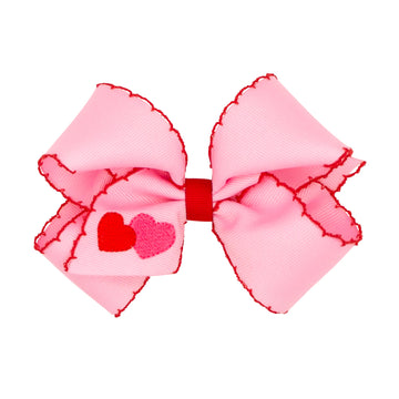 Wee Ones Girls' Valentines Day Hair Bow On Weestay No-Slip Clip, Moonstitch Heart Embroidered Grosgrain Hair Bow, Medium, Pink