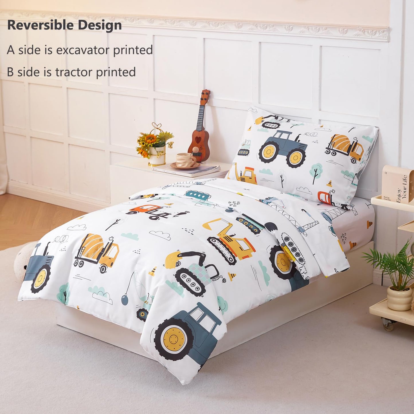 Perfemet Car Printed Toddler Comforter Set, 4 Pieces Toddler Bedding Sets For Boys, Reversible Tractors Pattern Teen Boy Bed In