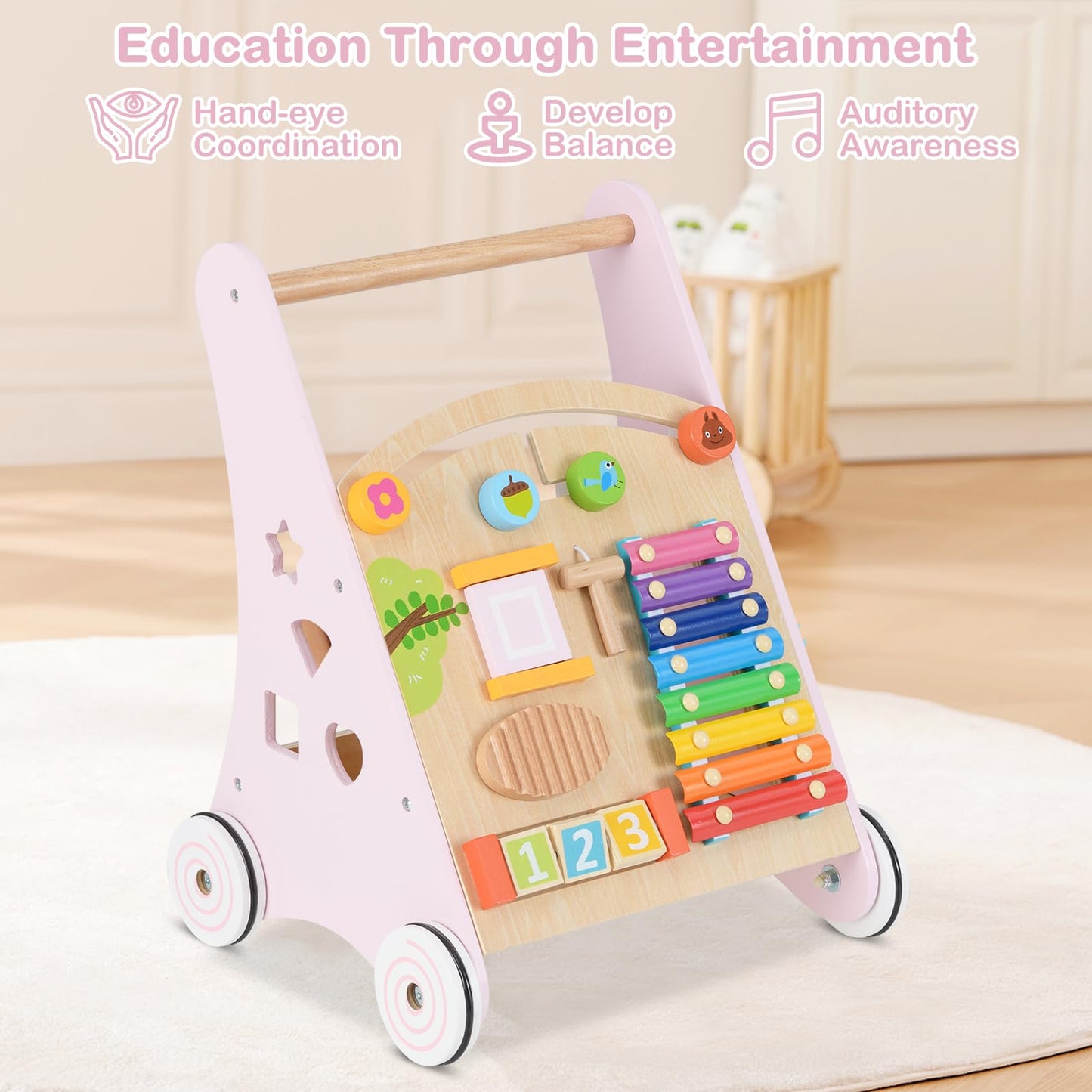 INFANS Wooden Baby Walker, Montessori Walker with Multiple Activity Toys, Storage, Push Walker Toys for Infant Learning to Walk,