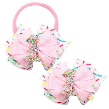 2Pcs Birthday Hair Bow For Girls, Pink Sprinkle Confetti Hair Clip For Baby Girls 1St Birthday Party Decorations