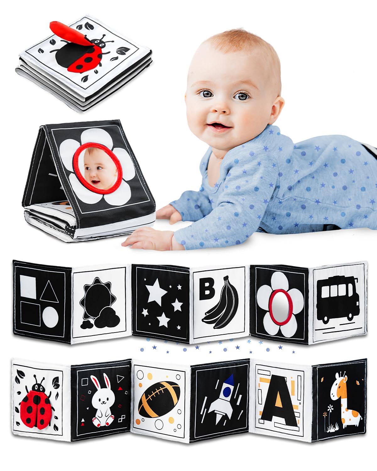 Infinno Black & White Baby Toys High Contrast Crinkle Cloth Activity Book, Infant Mirror Toys for Baby 0-6 Months, Newborn Senso