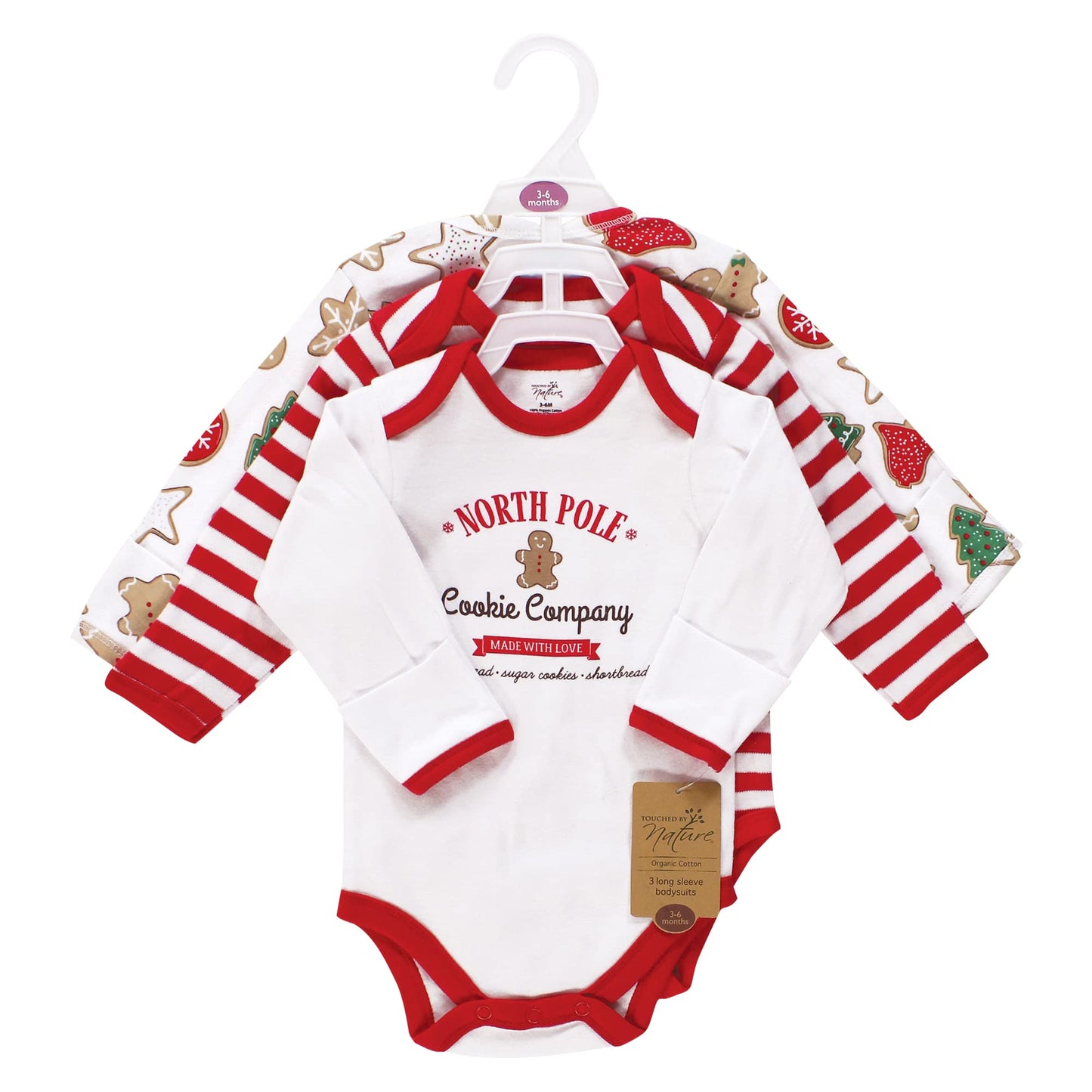 Touched By Nature Unisex Baby Organic Cotton Long-Sleeve Bodysuits, Christmas Cookies, 12-18 Months
