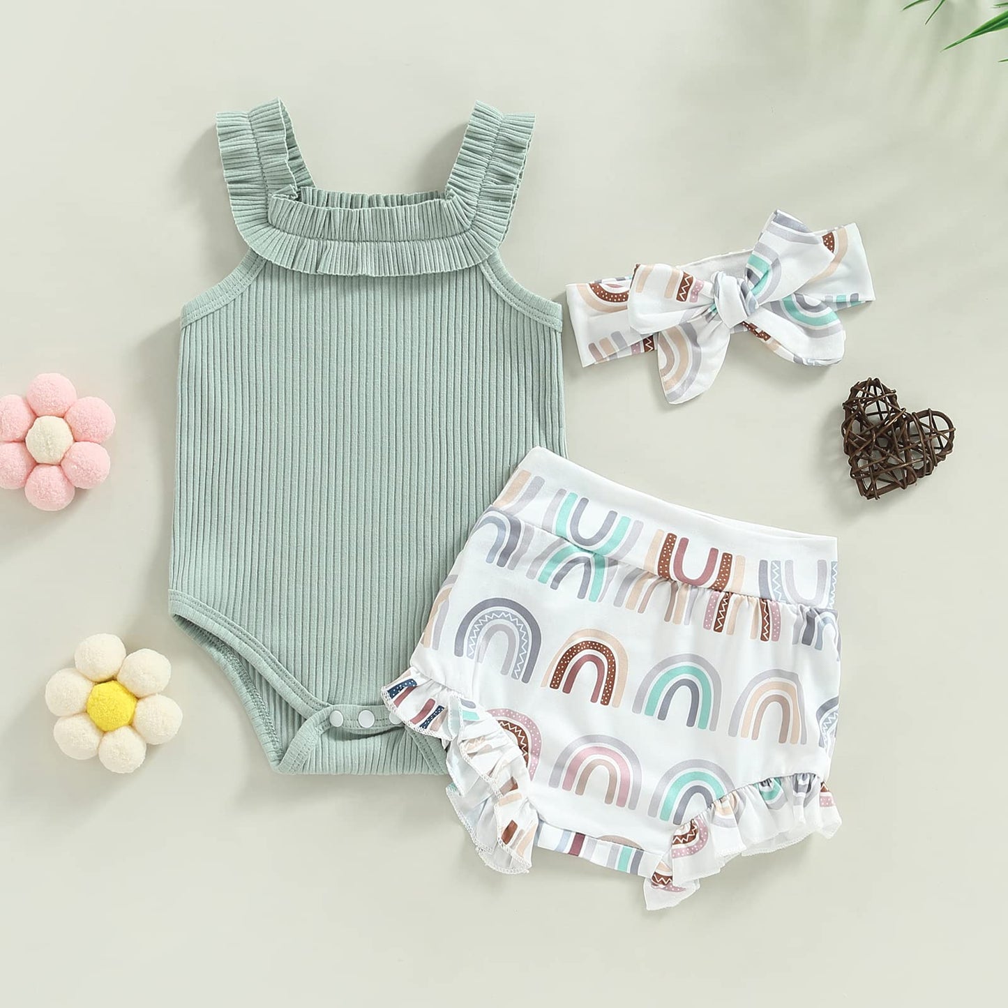 Fhutpw Baby Girl Clothes Summer Cute Outfits 3 6 12 18 Months Spaghetti Strap Romper & Floarl Shorts Sets