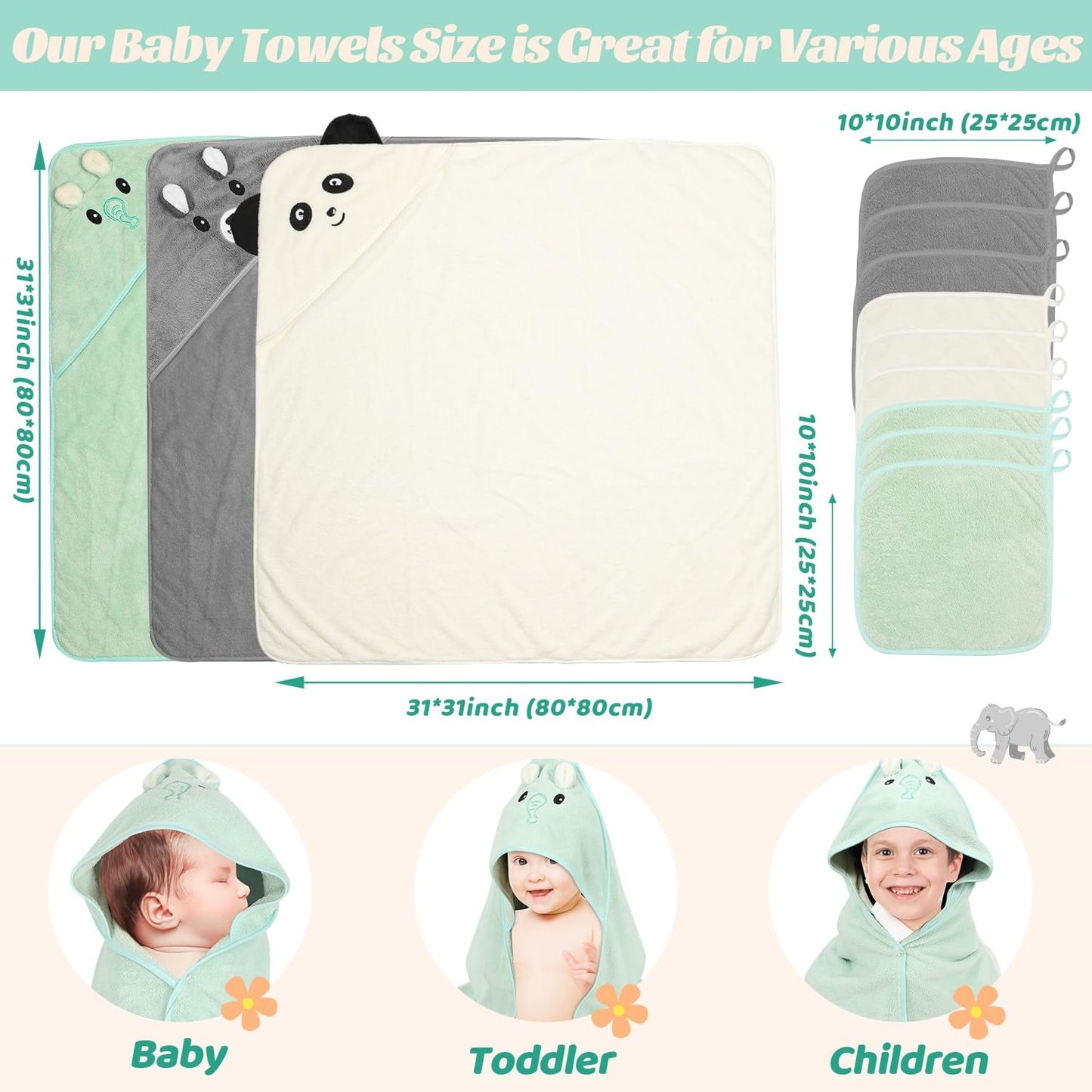 Sublaga 12 Pcs Baby Towels, 3 Pcs Soft Hooded Baby Towels & 9 Pcs Washcloths, Baby Bath Towels For Newborns, Infants & Toddlers-