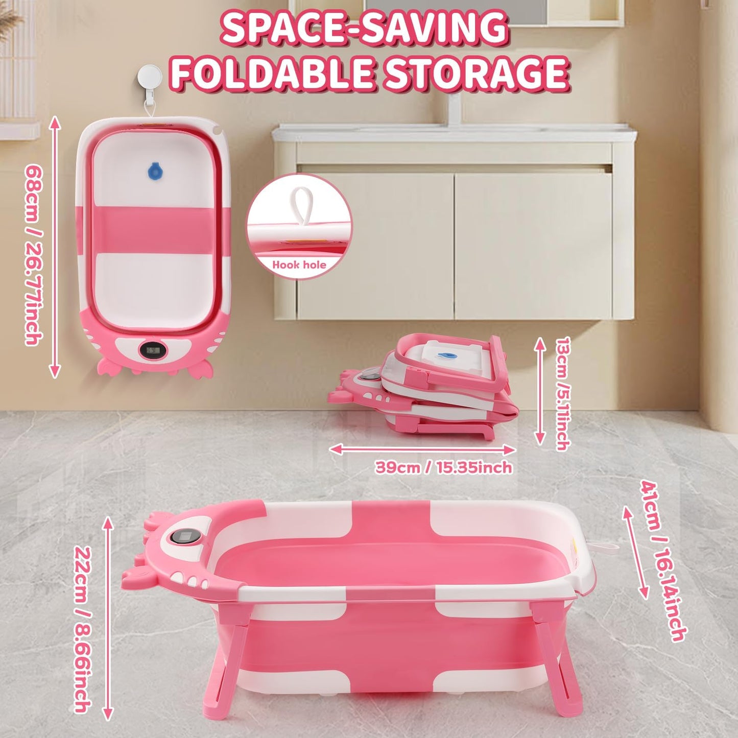 Baby Bathtub,Collapsible Baby Bath Tub With Thermometer & Soft Floating Cushion,Portable Travel Baby Bathtubs For Newborns To To