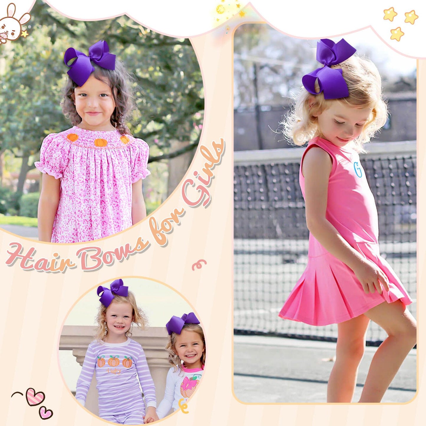 Oaoleer Hair Bows Clips, 2Pcs 6Inch Purple Layered Grosgrain Ribbon Bows Hair Alligator Clips For Baby Girls Infants Toddlers Ki