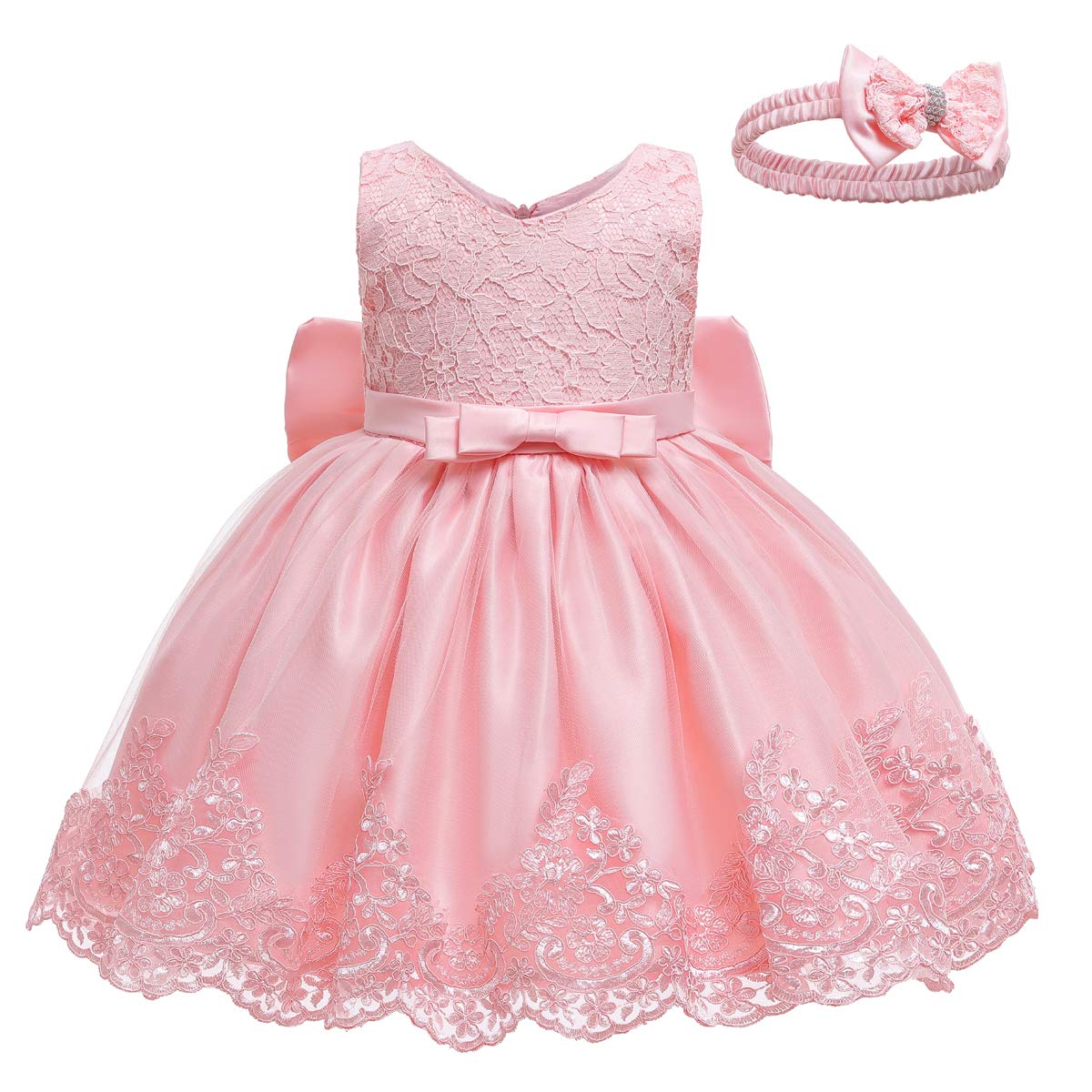 Lzh Baby Toddler Lace Dress Girls First Baptism Elegant Embroidery Wedding Party Flower Bridesmaid Bowknot Dresses Up, Meat Pink