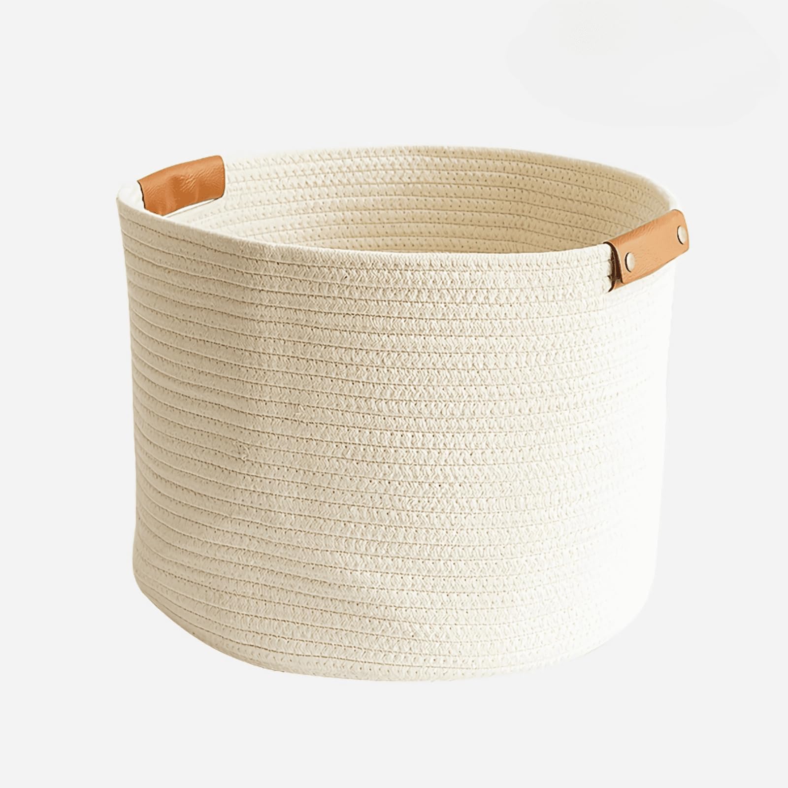 Large Cotton Woven Blanket Basket with PU Leather Handle, Kids Clothes Toys Gifts Organizer, Living Room Basket Bathroom Shower 