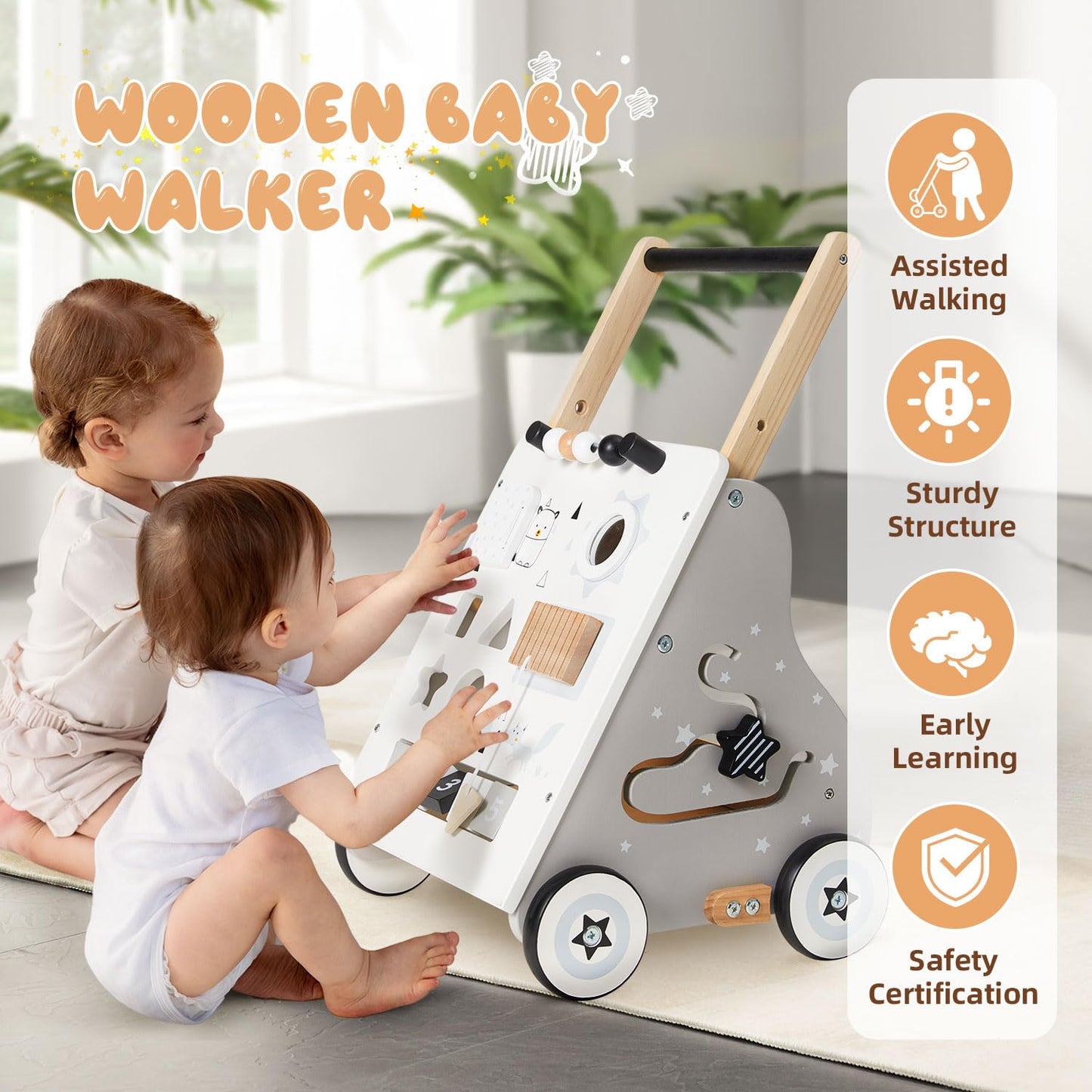 PTINFLUCE Wooden Baby Walker, Baby Push Walker with Wheel, Push and Pull Toys Learning to Walk, Montessori Walker Toy for Kids D