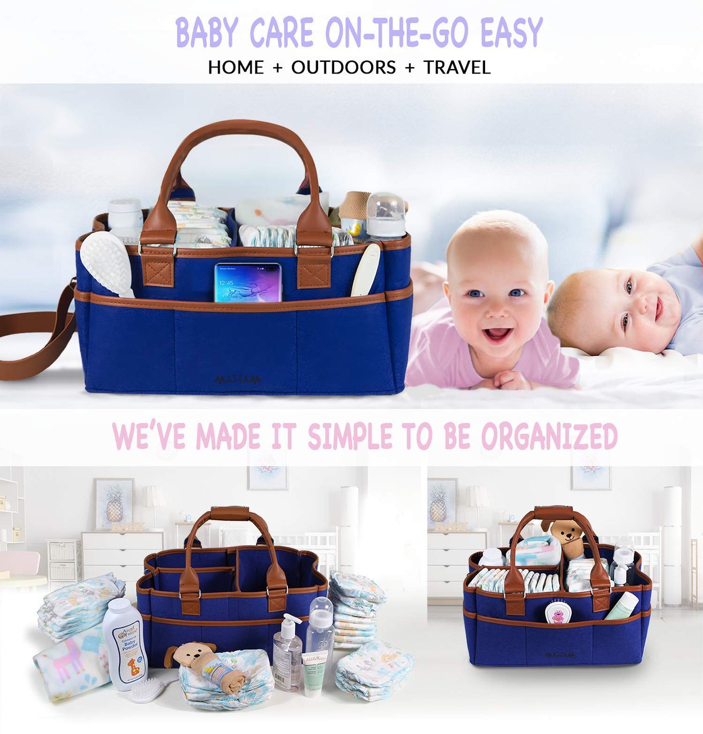 Baby Diaper Caddy Organizer Large With Shoulder Strap | Trendy Navy Blue Portable Nursery Storage Bin - Premium Quality Tote Bag
