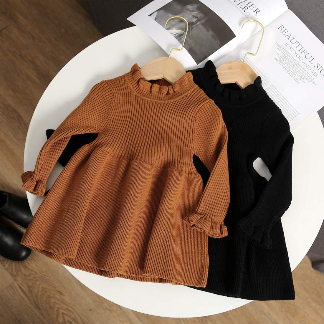 Simplee Kids Little Girls' Long Sleeve Girl Dresses And Rompers Ribbed Knit Sweater Dress Brown For 18 Months
