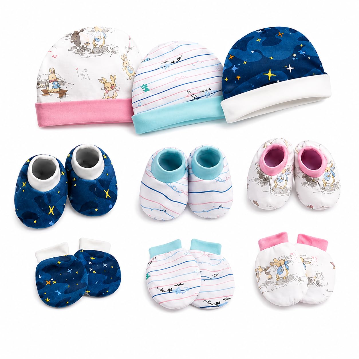 Vparents Baby Mittens Caps Gloves And Booty Combo For Unisex Booty Durable Cotton Gift Set Assorted Deisgn (Pink Blue And Dark B
