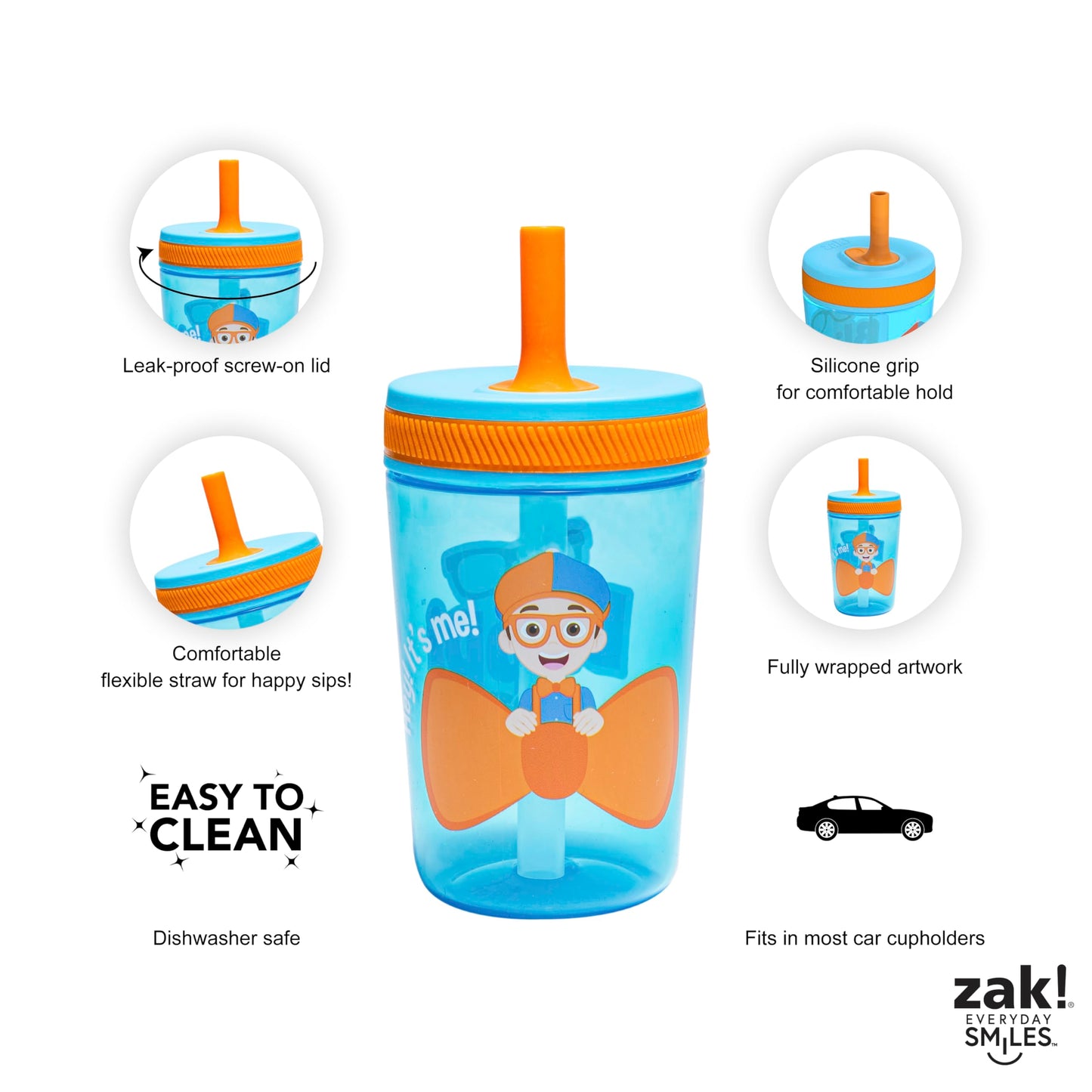 Zak Designs Blippi Kelso Toddler Cups For Travel or At Home, 15oz 2-Pack Durable Plastic Sippy Cups With Leak-Proof Design is Pe