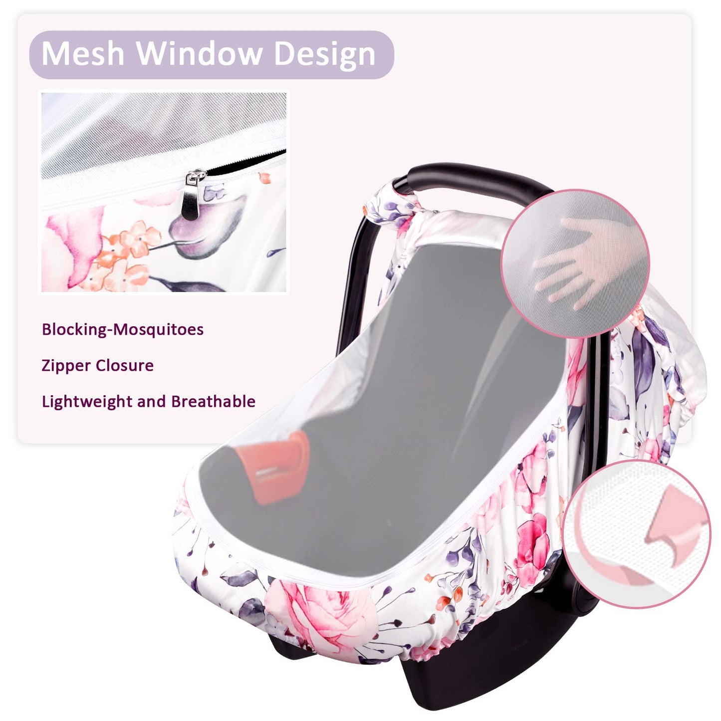 Floral Infant Car Seat Canopy With Peep Windows And Breathable Mesh, Kick-Proof, Soft Stretchy Baby Car Seat Cover For Newborns,